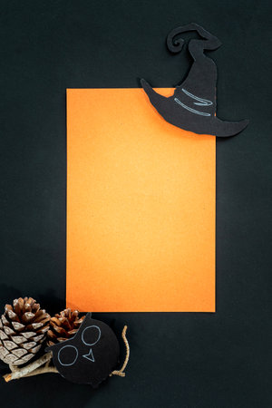 Halloween invitation. The owl and witch hat on orange and black background.の写真素材