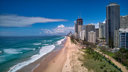 Surfers Paradise, Queensland Australia - February 28, 2021: Aerial view along the beach at Surfers Paradise Queensland Australiaのeditorial素材