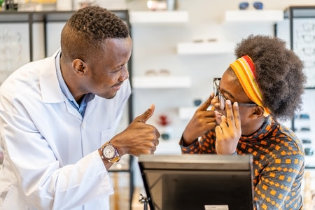 African american man professional optician helping and selling young woman african american...