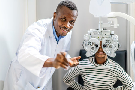 Optician doing optometry eye exam for black african american teen girl patient. Male optometrist with phoropter while examining patient.の写真素材