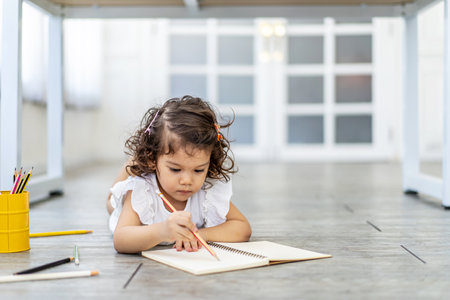 Cute Little girl writing on a notebook lying floor, learning concept at homeの写真素材