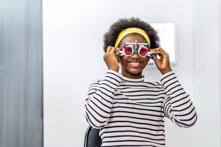 Smiling young woman african american checking vision with eye test glasses during a medical...