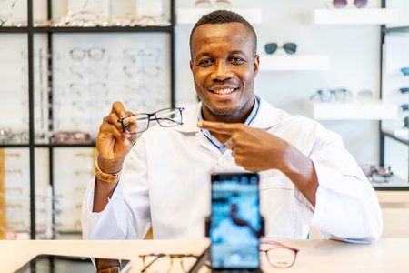 African american attractive optician entrepreneur is vlogger or Blogger show fashion glasses to cellphone and smiling selling it online live streaming in eyeglasses shopの写真素材