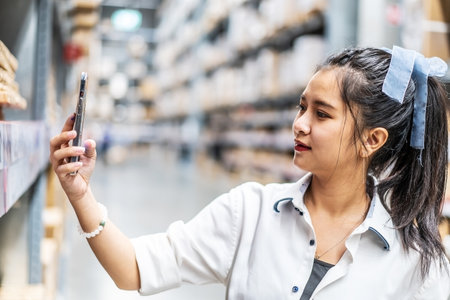 Young asian woman scanning the QR code via smart mobile phone for checking goods stock and price in warehouse, customer shopping and self service, The concept of modern technologyの写真素材