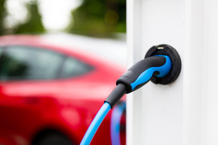 Electric car charging at plug in charge station in a public car park in Suffolk, UKの写真素材