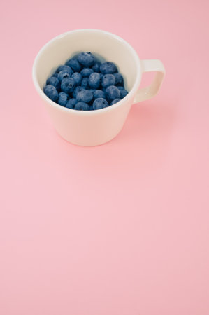 view of sweet tasty blueberries on a plate on a pink background with text spaceの写真素材