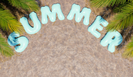 balloon sign with the word SUMMER over beach shore with palm trees on the sides. 3d renderの写真素材