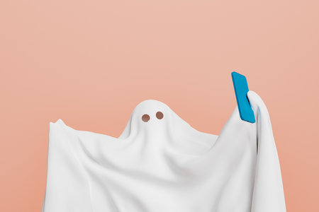 close up of a ghost taking a selfie with a smartphone. halloween concept and social media. 3d renderingの写真素材