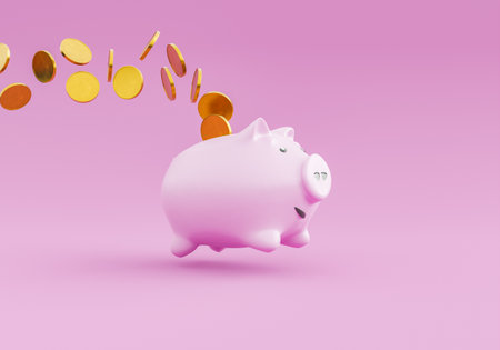 piggy bank jumping and dropping coins in the air. concept of savings, economy, expenses and investment. 3d renderingの写真素材