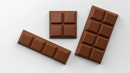 Milk chocolate pieces isolated on white background from top view 3d rendering 3d illustrationの写真素材