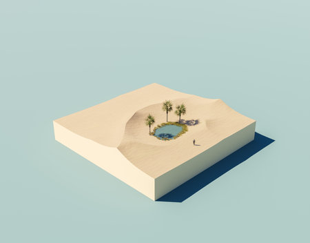 isometric illustration of a desert with a small lake and a person in a suit walking on the sand. 3d renderの写真素材