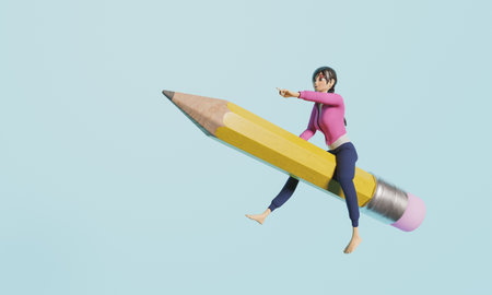 girl on top of a giant pencil and pointing forward in concept of education and back to school. 3d render stylized characterの写真素材