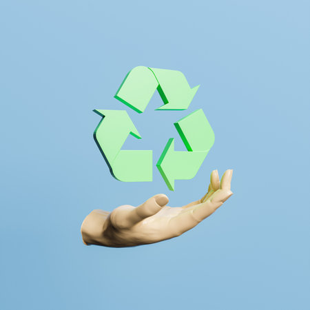 hand with recycling symbol on top in concept of environment, climate change and conservation. 3d renderingの写真素材