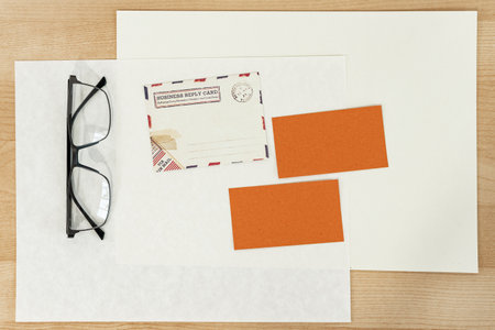 Blank business cards with empty copy space. Flat lay, top view business mock up template.