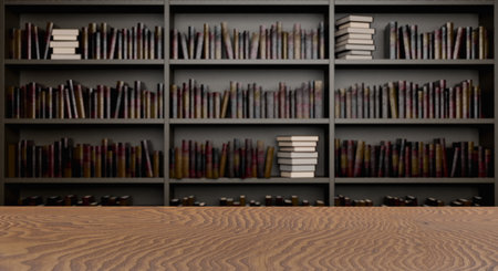 top view of a desk table with library shelves in the background. 3d renderingの写真素材