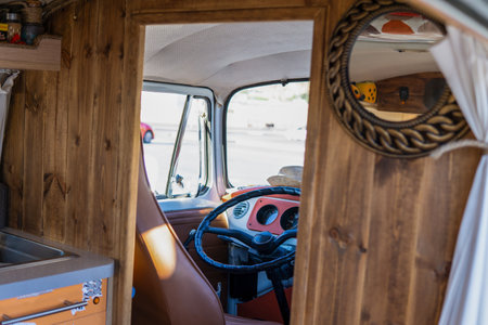Interior details of vintage van in daylightの写真素材