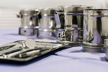 Instruments to working in a dental clinic, as a mirror and hooks for digging into the mouth cavitiesの写真素材