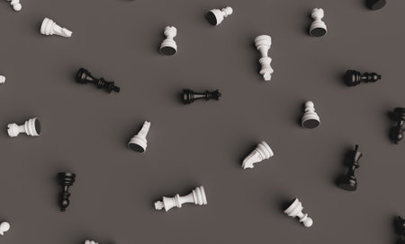 black and white chess pieces disordered on dark background. abstract pattern. 3d renderの写真素材