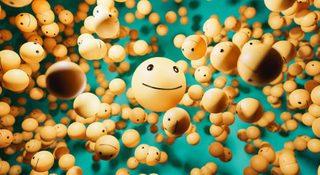 abstract background of falling yellow happy emoticons with central light. 3d renderの写真素材