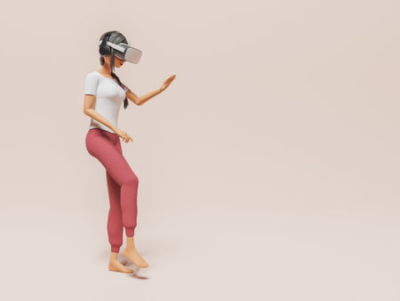 girl with VR glasses walking blindly on minimalistic background in concept of technology, future and gaming. 3d render stylized characterの写真素材