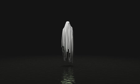 evil spirit levitating over a dark lake. ghost with dark body. spooky scene. halloween concept. 3d renderingの写真素材