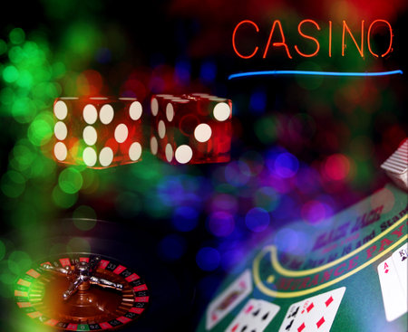 Casino Black Jack Table with Roulette Wheel and Dice. Neon Casino Sign ...