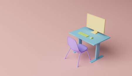 minimal pastel colored desk with computer and chair. 3d renderの写真素材