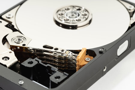 Close up of open Hard disk drive HDD. Computer hardware data storageの写真素材
