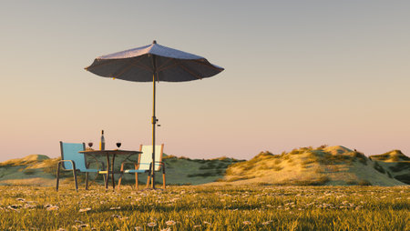 elegant picnic area in a meadow full of flowers and grass with mountains behind in a sunset. 3d renderの写真素材