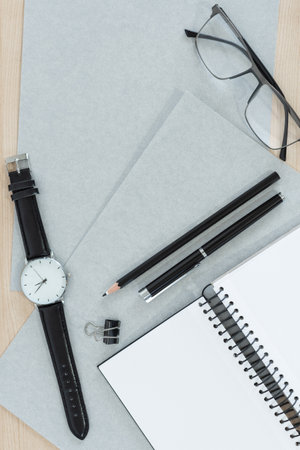 Top view of office desk. Flat lay home office workspace, remote work, distant learning.の写真素材