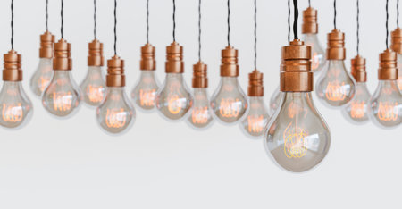many vintage light bulbs hanging with copper bulb holders and orange filament. blurred background. white background. concept of electricity, energy. space for text. 3d renderの写真素材