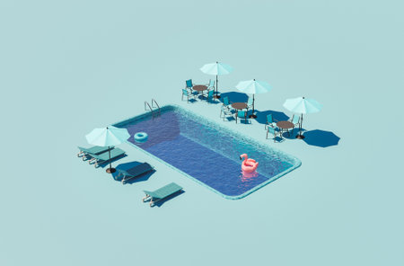 isometric illustration of a hotel swimming pool with umbrellas and hammocks around. summer concept. 3d renderの写真素材