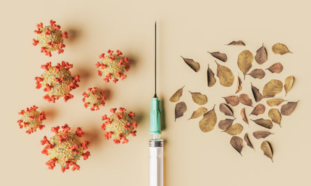 syringe with coronavirus cells and autumn leaves. concept of back to school, autumn vaccination,...
