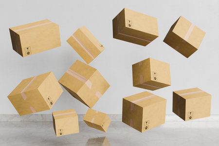 room full of cardboard packages floating in the air. 3d renderingの写真素材