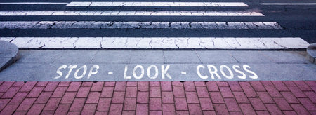 Crossing Pedestrian. Lonely street with pedestrian text: STOP, LOOK, CROSS. texture with space for text.の写真素材