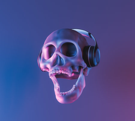 skull with neon lighting and headphones. 3d renderingの写真素材
