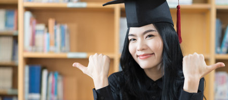 Portrait of a young Asian university female graduate in graduation gown and mortarboard looking at camera celebrates diploma degree with book self in backgroundの写真素材