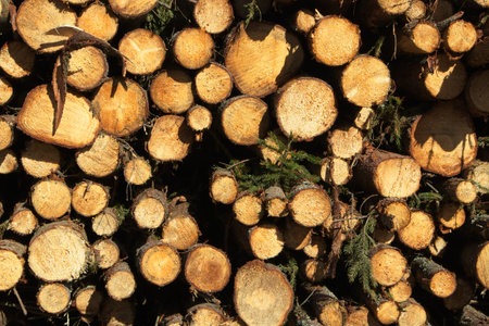 Cut spruce tree logs pile stacked