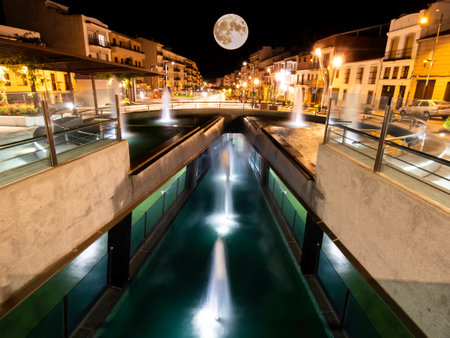A beautiful night shot of the main avenue in rural Cordoba, Spainのeditorial素材