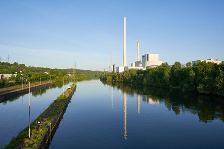 Altbach, Germany - May 08, 2020: The Altbach / Deizisau thermal power station is a hard coal-fired power station in Baden-Wuerttemberg. Altbach.のeditorial素材