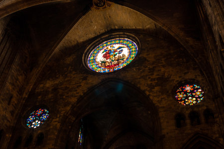 Girona medieval city, stained glass windows inside the Cathedral, Costa Brava of Catalonia in the...