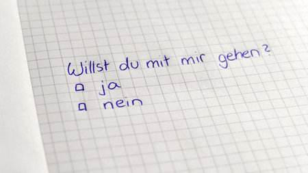 In a white notepad the question "Will you walk with me" is written in German, blue birosの写真素材