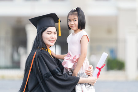 Woman Graduate with Little Girl on her Graduation Dayの写真素材