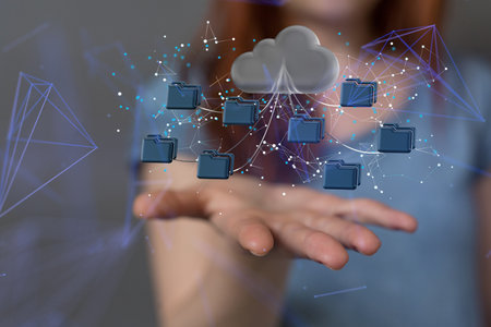Augmented Analytics Data cloud storage network from lines, triangles and particle style design....