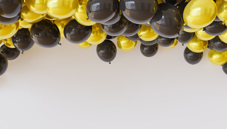 background with gold and black balloons floating on top with space for text. 3d renderingの写真素材