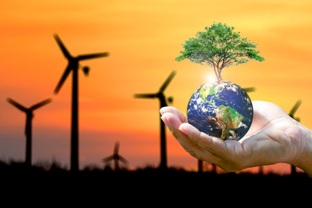 Clean energy concept to reduce global warming. hand holding a globe with a tree The background is a wind turbine generating electricity.の写真素材