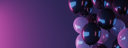 header with black and white out of focus balloons and blue and pink neon lighting. 3d renderingの写真素材