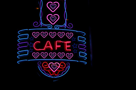 Vintage Neon Cafe Sign on Small Town Restaurantの写真素材