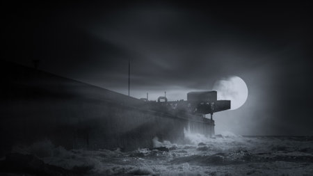 Full moon over an old harbor wall in a foggy and overcast nightの写真素材