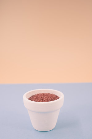white vase filled with terracotta color decorative sand on white background with space for textの写真素材